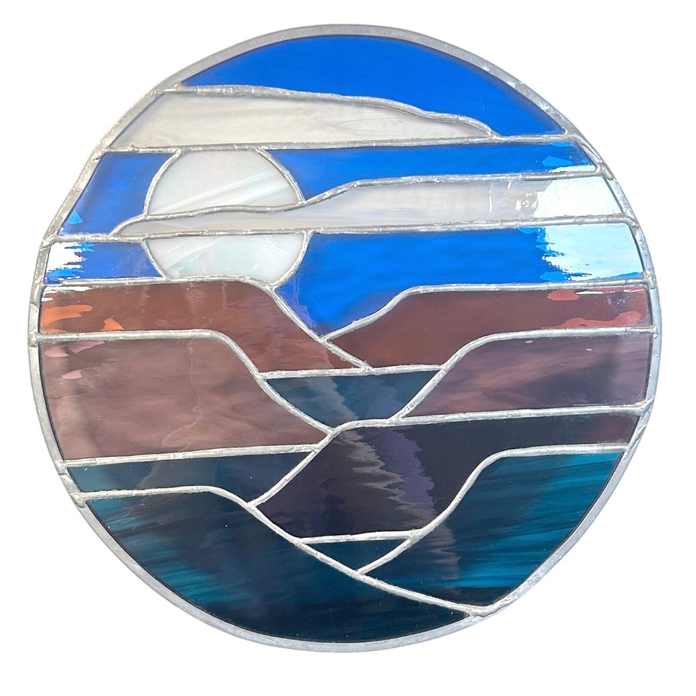 Handmade Round Stained Glass art Desert Western Scenery Mountain Moon 12.5 Inch